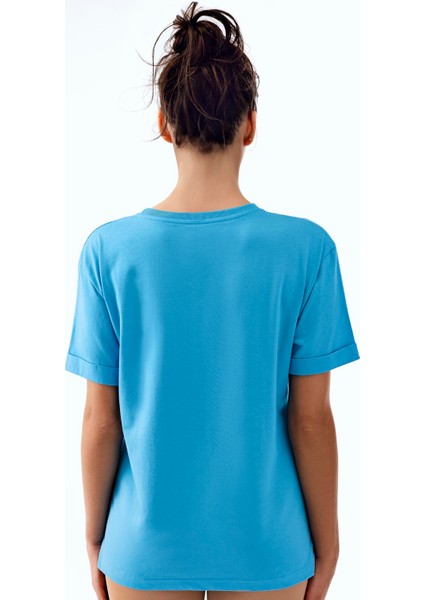 Kadın Kısa Kollu Rahat Kalıp %100 Pamuk T-Shirt Mavi Renk fiyatları