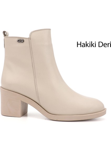 Kadın Bej Fermuarlı Kalın Topuklu Hakiki Deri Bot