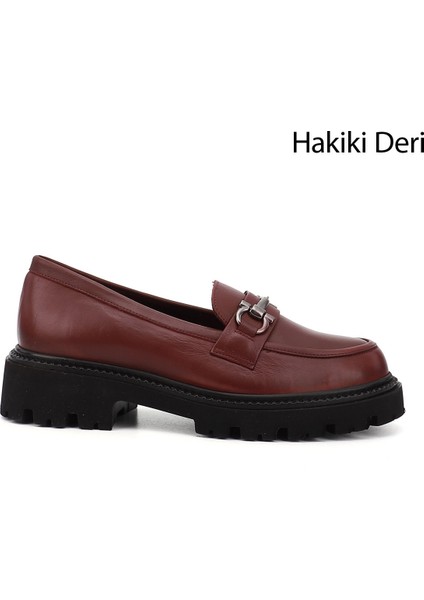 Kadın Bordo Kalın Topuklu Tokalı Hakiki Deri Loafer Ayakkabı