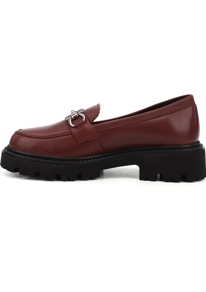 Kadın Bordo Kalın Topuklu Tokalı Hakiki Deri Loafer Ayakkabı modelleri