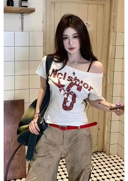 Beyaz Nclshior 6 Y2K Kısa Kollu Crop