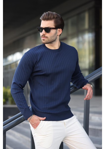 Lacivert Bisiklet Yaka Çizgili Uzun Kollu Kazak E7273