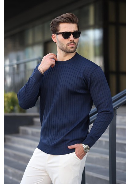 Lacivert Bisiklet Yaka Çizgili Uzun Kollu Kazak E7273 fiyatları