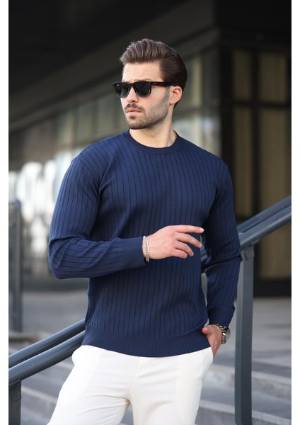 Lacivert Bisiklet Yaka Çizgili Uzun Kollu Kazak E7273 modelleri