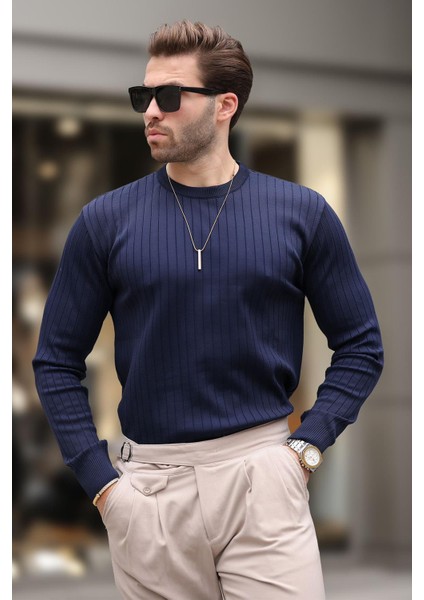 Lacivert Bisiklet Yaka Çizgili Uzun Kollu Kazak E7273 indirimleri