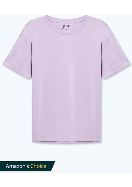 Kadın Kısa Kollu Rahat Kalıp %100 Pamuk T-Shirt Lila Renk