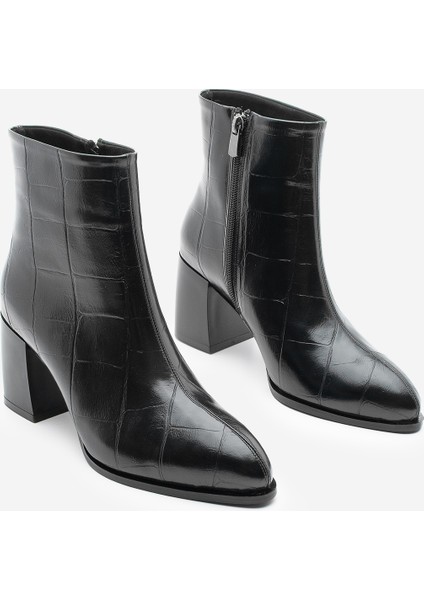Kadın Sivri Burun Dikiş Detaylı Kalın Topuklu Bot Verika Siyah Croco indirimleri