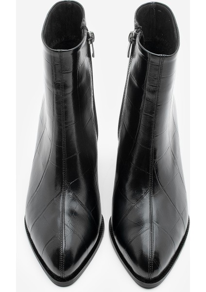 Kadın Sivri Burun Dikiş Detaylı Kalın Topuklu Bot Verika Siyah Croco