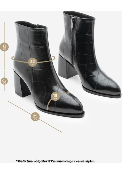 Kadın Sivri Burun Dikiş Detaylı Kalın Topuklu Bot Verika Siyah Croco