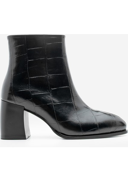 Kadın Sivri Burun Dikiş Detaylı Kalın Topuklu Bot Verika Siyah Croco modelleri