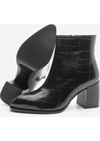 Kadın Sivri Burun Dikiş Detaylı Kalın Topuklu Bot Verika Siyah Croco