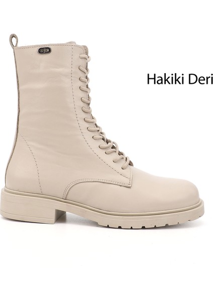 Kadın Bej Fermuarlı Hakiki Deri Postal Bot