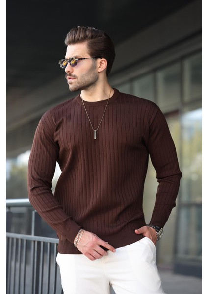 Kahverengi Bisiklet Yaka Çizgili Uzun Kollu Kazak E7273