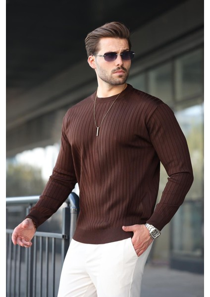 Kahverengi Bisiklet Yaka Çizgili Uzun Kollu Kazak E7273 modelleri