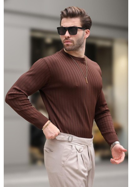 Kahverengi Bisiklet Yaka Çizgili Uzun Kollu Kazak E7273 fırsatları