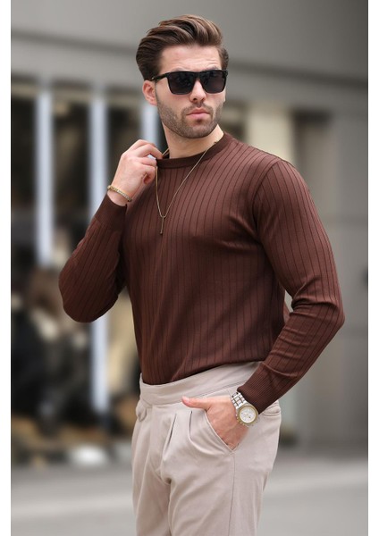 Kahverengi Bisiklet Yaka Çizgili Uzun Kollu Kazak E7273 indirimleri