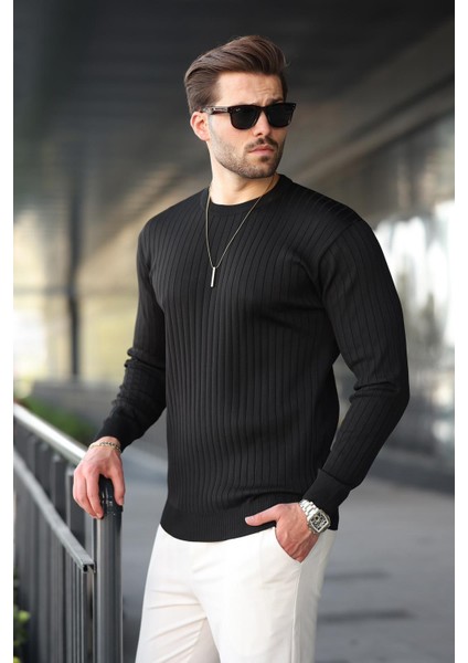 Siyah Bisiklet Yaka Çizgili Uzun Kollu Kazak E7273