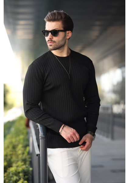 Siyah Bisiklet Yaka Çizgili Uzun Kollu Kazak E7273 fiyatları