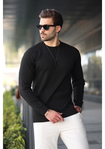 Siyah Bisiklet Yaka Çizgili Uzun Kollu Kazak E7273 modelleri