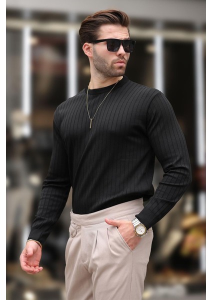 Siyah Bisiklet Yaka Çizgili Uzun Kollu Kazak E7273 fırsatları