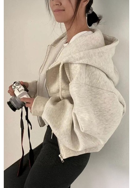 Kar Melanj Crop Top Kalın Kumaş Kapüşonlu Crop Hırka