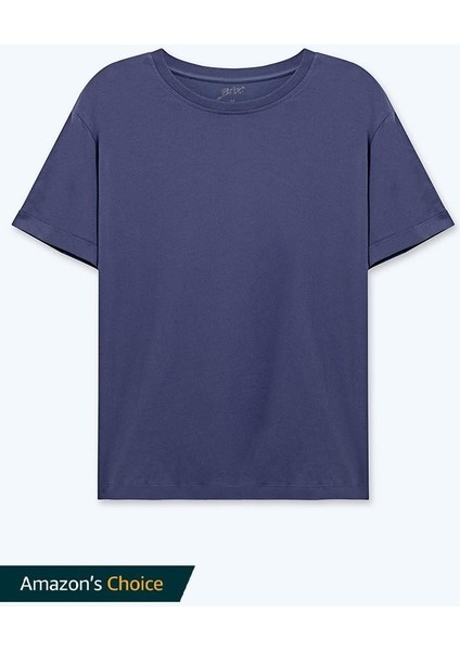 Kadın Kısa Kollu Rahat Kalıp %100 Pamuk T-Shirt Indigo Renk