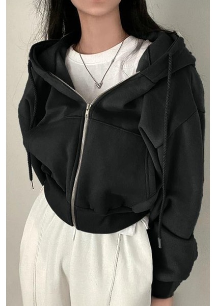 Siyah Kalın Kumaş Kapüşonlu Crop Hırka