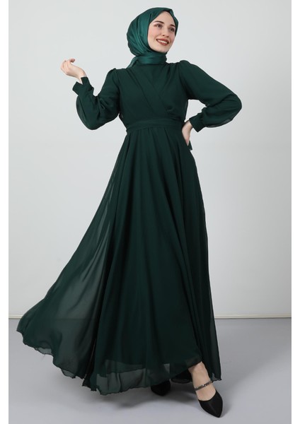 Önü Çapraz Şifon Elbise Zümrüt