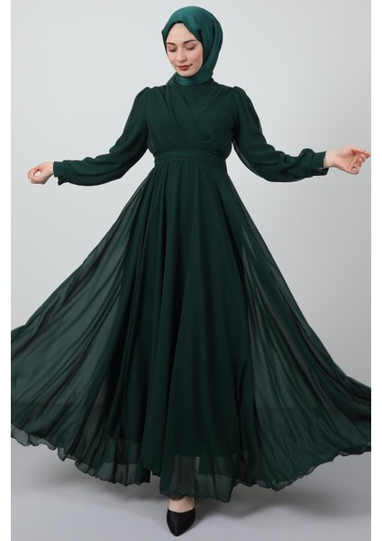 Önü Çapraz Şifon Elbise Zümrüt fiyatları