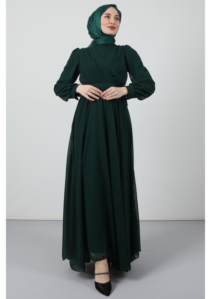 Önü Çapraz Şifon Elbise Zümrüt modelleri