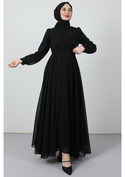 Önü Çapraz Şifon Elbise Siyah
