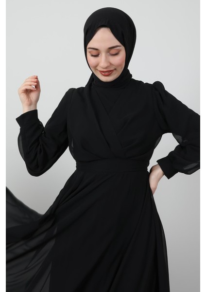 Önü Çapraz Şifon Elbise Siyah indirimleri