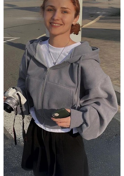Füme Kalın Kumaş Kapüşonlu Y2K Harajuku Crop Hırka