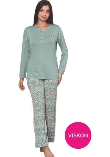 Kadın Etnik Desenli 3 Düğmeli Likralı Viskon Mevsimlik Uzun Kol Pijama Takımı