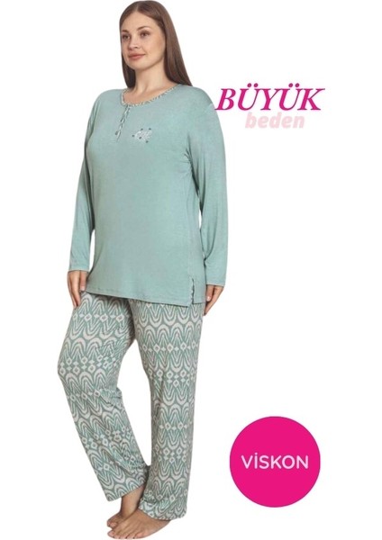 Kadın Etnik Desenli 3 Düğmeli Likralı Viskon Mevsimlik Uzun Kol Pijama Takımı