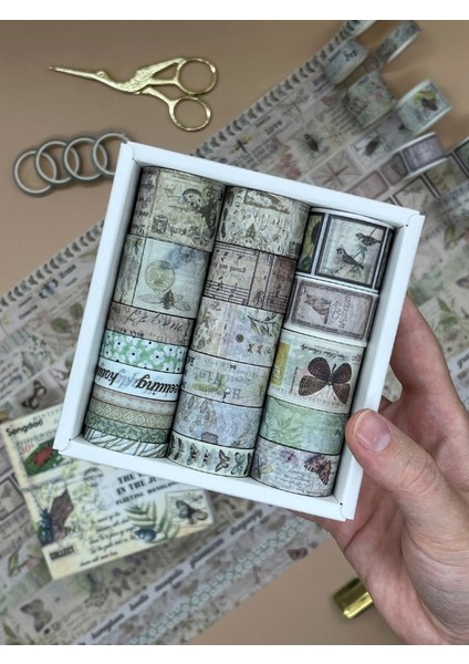 Vintage Çiçek ve Kelebek Temalı 20’li Washi Bant The Traces In The Jungle Fleeting Monologue Serisi (20*2m) Masking Tape / Desenli Bant