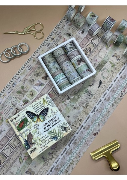 Vintage Çiçek ve Kelebek Temalı 20’li Washi Bant The Traces In The Jungle Fleeting Monologue Serisi (20*2m) Masking Tape / Desenli Bant modelleri