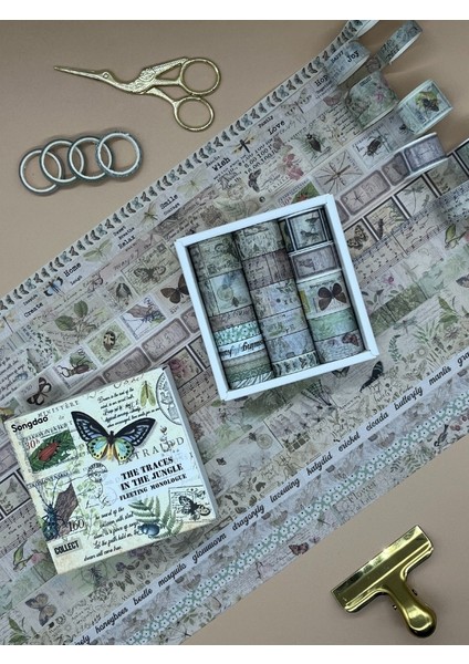 Vintage Çiçek ve Kelebek Temalı 20’li Washi Bant The Traces In The Jungle Fleeting Monologue Serisi (20*2m) Masking Tape / Desenli Bant fırsatları