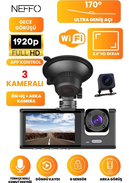 3 Kameralı Araç KAMERASI(2025) Wifi / App /1920P Fhd/ 170° Ultra Geniş Açı/gece Görüş/ G-Sensörü
