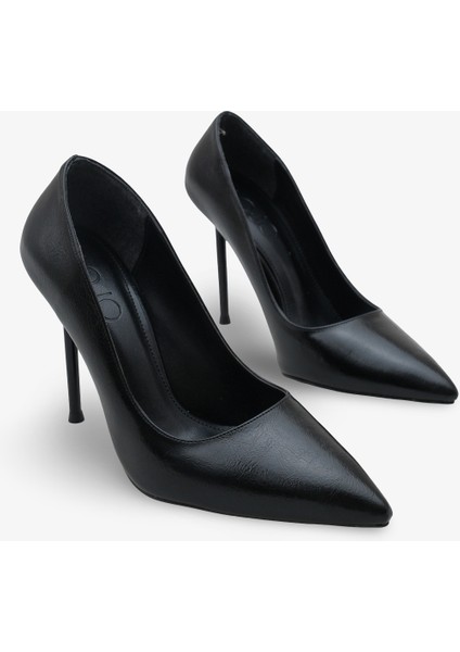 Kadın Sivri Burun Gold Tokalı Günlük Topuklu Stiletto Sersey Siyah
