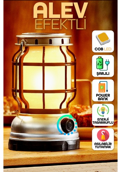 Şarjlı Solar Kamp Lambası - Alev Efektli Powerbank Özellikli Su Geçirmez LED Işıldak Gri 47721