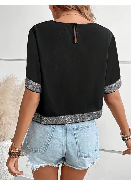 Kadın Kısa Kollu Bisiklet Yaka Asimetrik Kesim Detaylı Pul Payetli Krep Bluz fiyatları