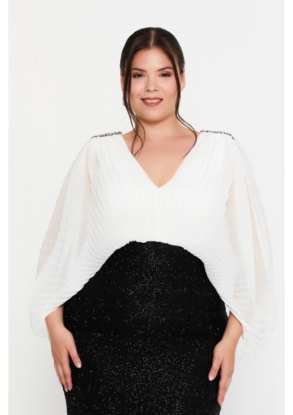 Kadın Büyük Beden Ön-Arka V Yaka Simli Kumaş Maxi Abiye Elbise 8429 Siyah-Beyaz fiyatları