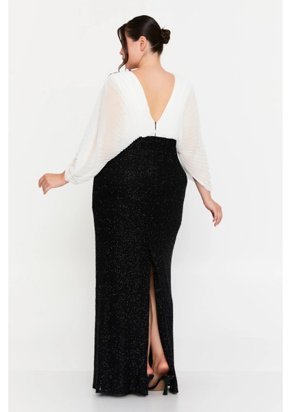 Kadın Büyük Beden Ön-Arka V Yaka Simli Kumaş Maxi Abiye Elbise 8429 Siyah-Beyaz modelleri