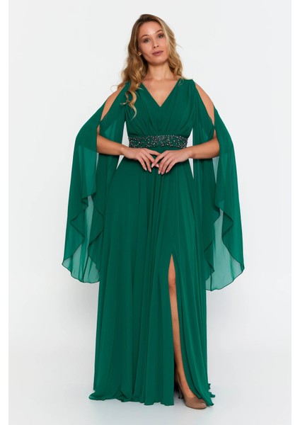 Kadın Büyük Beden V Yaka Maxi Abiye Elbise 6021 Zümrüt