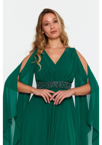 Kadın Büyük Beden V Yaka Maxi Abiye Elbise 6021 Zümrüt modelleri