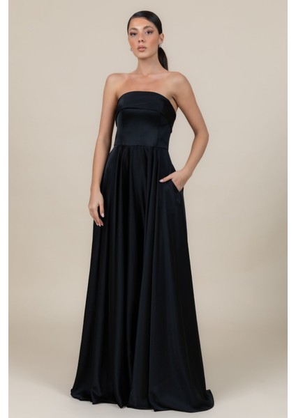 Kadın Straplez Saten Kumaş Uzun Abiye Elbise 6135 Siyah