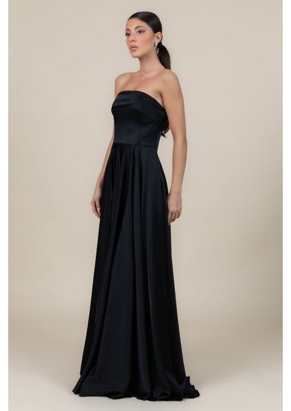 Kadın Straplez Saten Kumaş Uzun Abiye Elbise 6135 Siyah modelleri