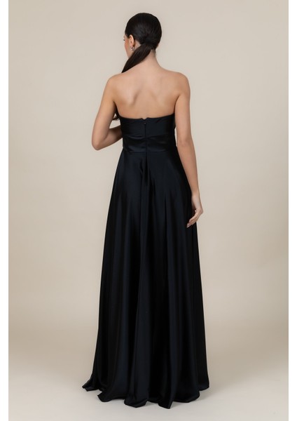 Kadın Straplez Saten Kumaş Uzun Abiye Elbise 6135 Siyah fırsatları