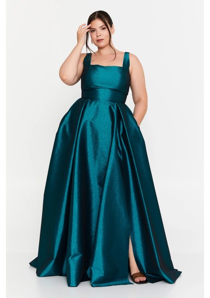 Kadın Büyük Beden Kalın Askılı A Kesim Maxi Abiye Elbise 8391 Petrol